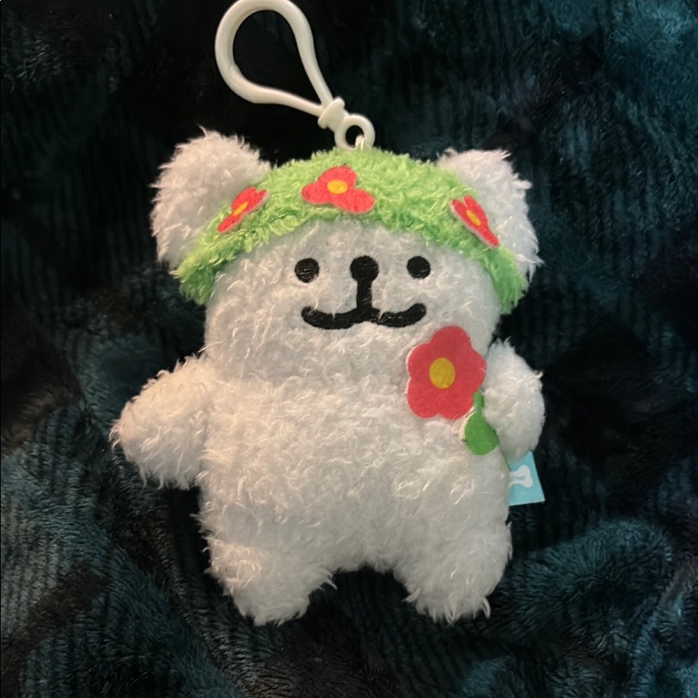 Cute White Fluffy Dog Plush Keychain with Green Floral Hat (Maltese)